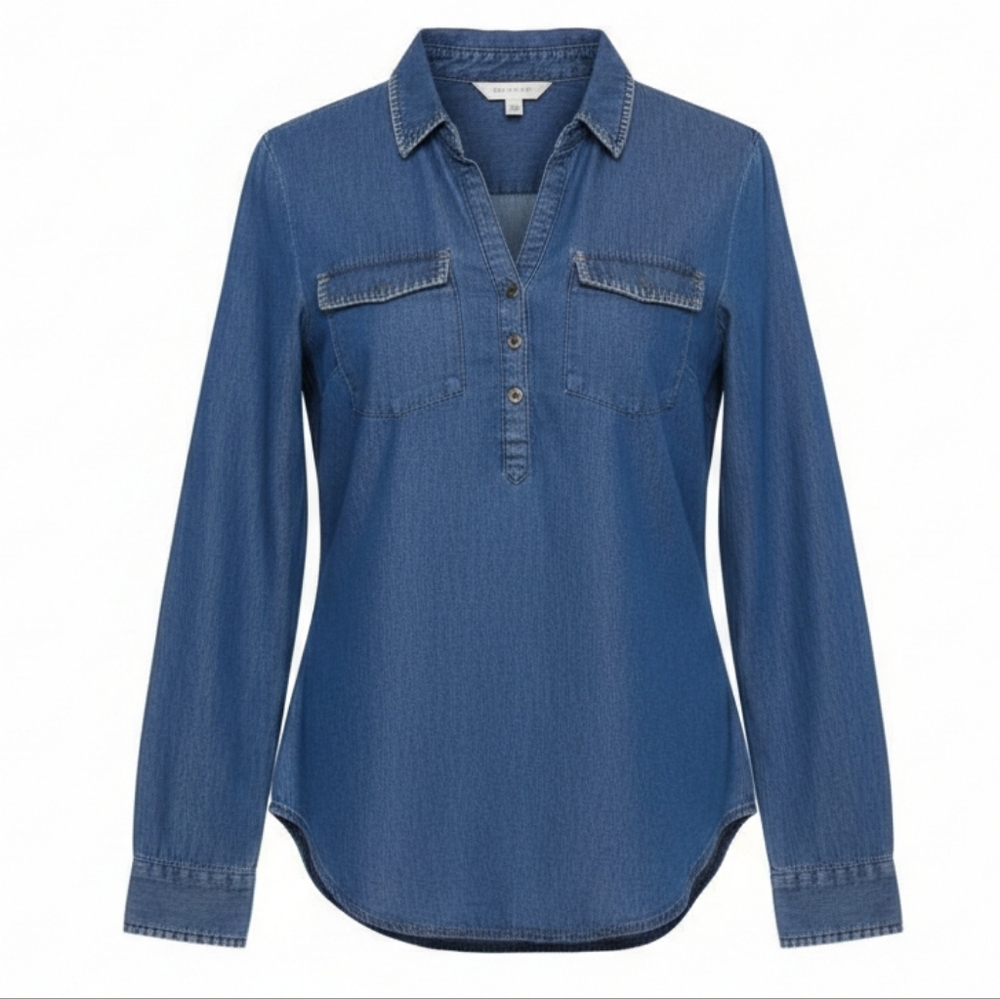 ROPER Women's Denim Shirt Size Small Popover Collared Long Sleeve 100% Cotton